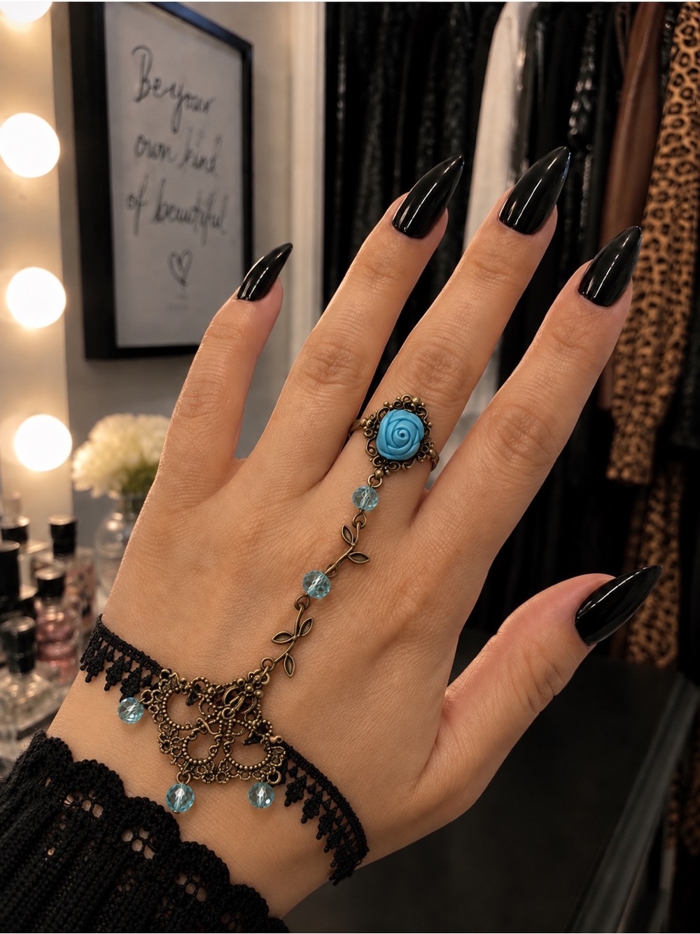 Eleanor ShuMark Gothic Black Lace Teal Rose Hand Chain NWT
